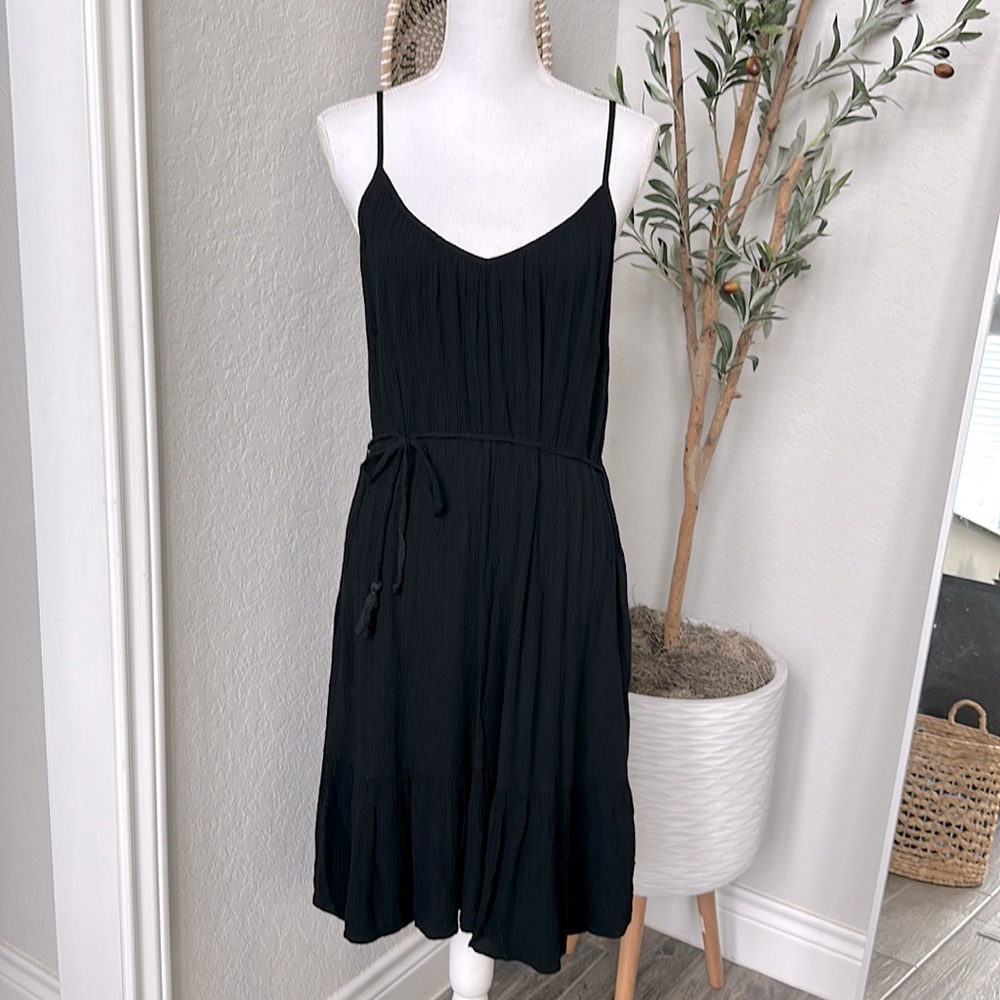 H&M LOGG Line Women’s Classic Black Midi Gauze Boho Dress Tassel Tie Size Small - Picture 3 of 13